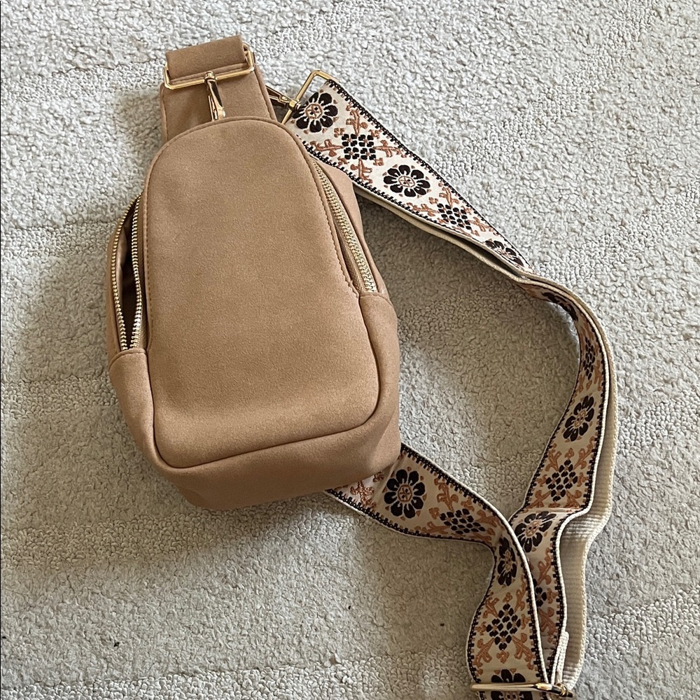 Pink Lily Tan Suede Crossbody Bag with Boho Floral Strap